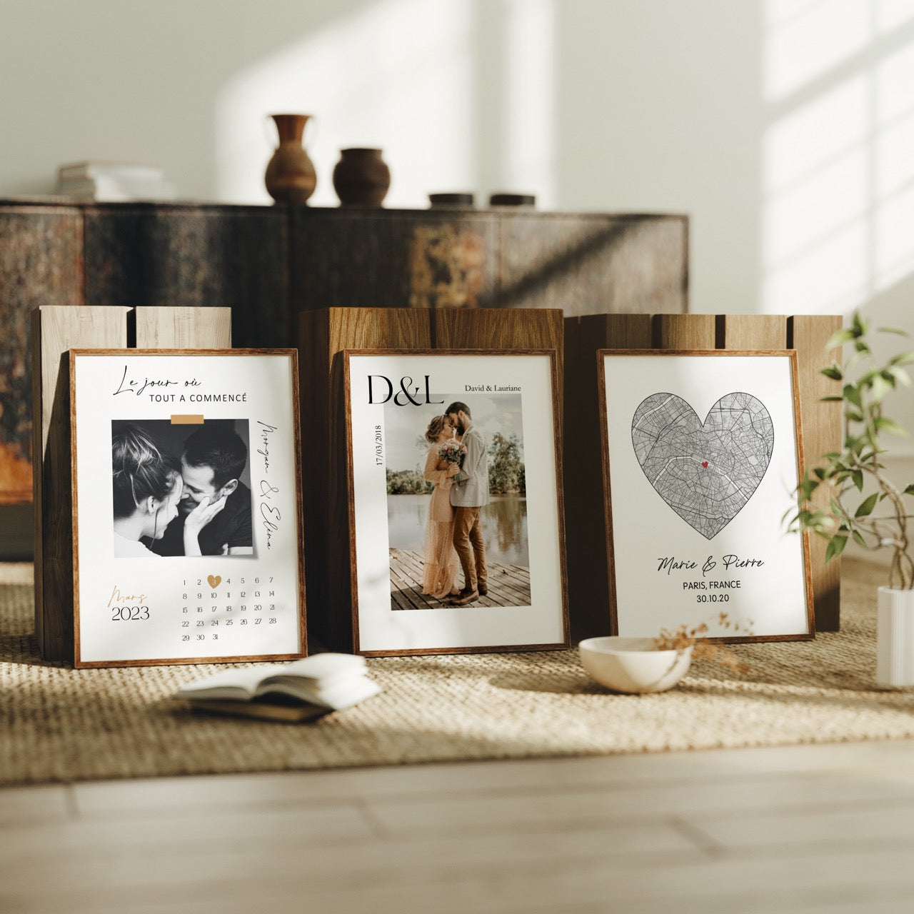 Affiche personnalisée pour couple avec design romantique, incluant les prénoms et une date spéciale, idéale pour un cadeau d'anniversaire de relation ou de mariage.