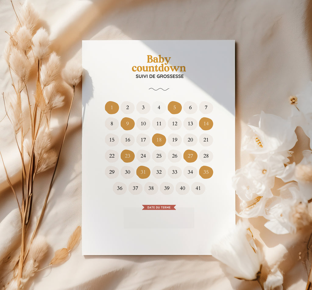 Calendrier de grossesse - Décompte semaines de grossesse – Suivi visuel pour le couple